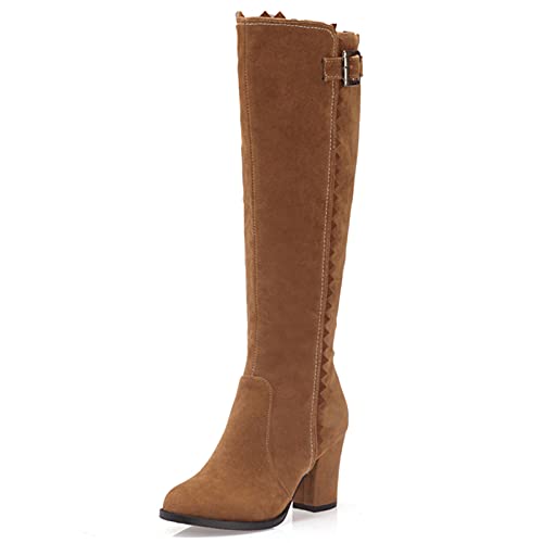 MJIASIAWA Damen Winter Blockabsatz Reißverschluss Klassischer Equestrian Kniestiefel Mode Riding Leisure Retro Warm Boots Schnalle Gelb Gr 50 EU/52 Asiatisch von MJIASIAWA