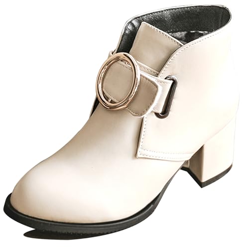 MJIASIAWA Damen Winter Buro Blockabsatz Chelsea Stiefel Leisure Komfort Runde Zehen Mode Ankle Stiefeletten mit Schnalle Beige Gr 44 EU/46 Asiatisch von MJIASIAWA