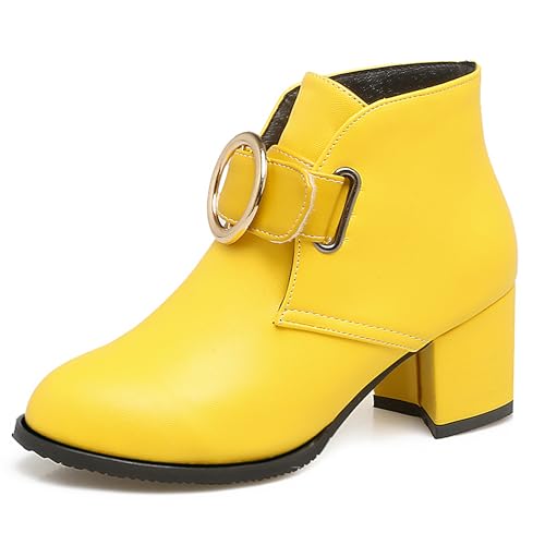 MJIASIAWA Damen Winter Buro Blockabsatz Chelsea Stiefel Leisure Komfort Runde Zehen Mode Ankle Stiefeletten mit Schnalle Gelb Gr 38 EU/39 Asiatisch von MJIASIAWA