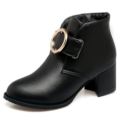 MJIASIAWA Damen Winter Buro Blockabsatz Chelsea Stiefel Leisure Komfort Runde Zehen Mode Ankle Stiefeletten mit Schnalle Schwarz Gr 41 EU/43 Asiatisch von MJIASIAWA