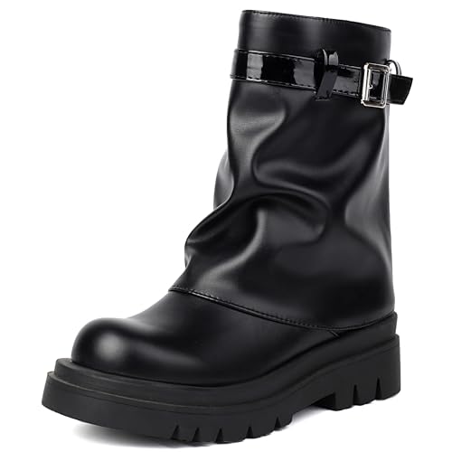 MJIASIAWA Damen Winter Chunky Plateau Halbschaft Reitstiefel Komfort Mädchen Schuluniform Warm Runde Zehen Equestrian Schwarz Gr 40 EU/41 Asiatisch von MJIASIAWA