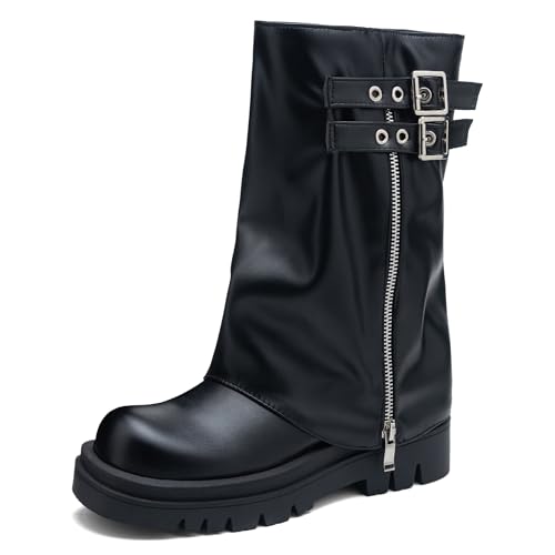 MJIASIAWA Damen Winter Chunky Plateau Halbschaft Reitstiefel Komfort Mädchen Schuluniform Warm Runde Zehen Equestrian Schwarz Gr 40.5 EU/42 Asiatisch von MJIASIAWA