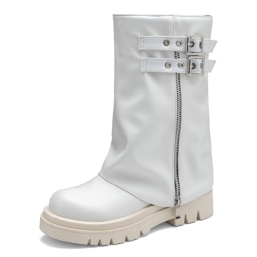 MJIASIAWA Damen Winter Chunky Plateau Halbschaft Reitstiefel Komfort Mädchen Schuluniform Warm Runde Zehen Equestrian Weiß Gr 41 EU/43 Asiatisch von MJIASIAWA