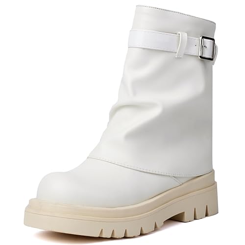 MJIASIAWA Damen Winter Chunky Plateau Halbschaft Reitstiefel Komfort Mädchen Schuluniform Warm Runde Zehen Equestrian Weiß Gr 41 EU/43 Asiatisch von MJIASIAWA