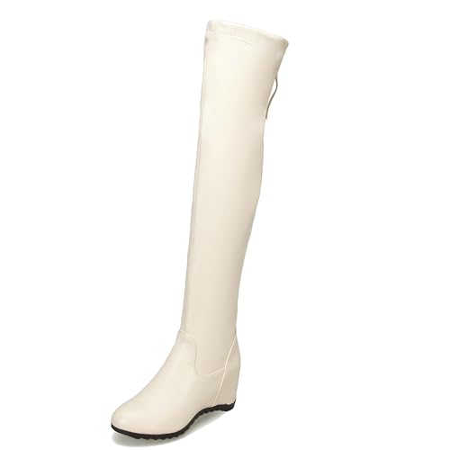 MJIASIAWA Damen Winter Elegant Keilabsatz Overknee Stiefel Bogen Warm Runde Zehen Hochzeit Ohne Verschluss Long Booty Beige Gr 35 EU von MJIASIAWA