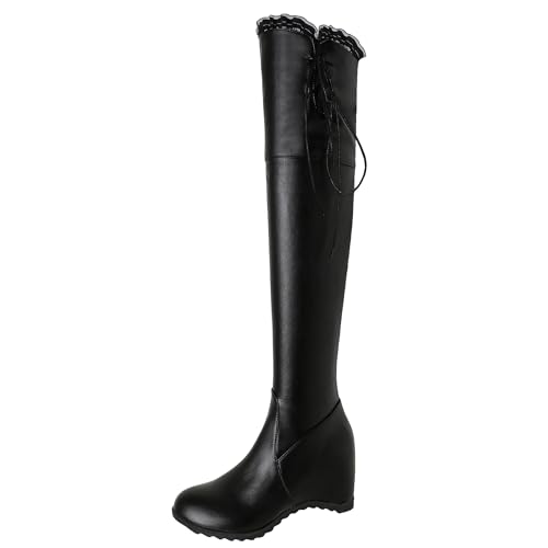 MJIASIAWA Damen Winter Elegant Keilabsatz Overknee Stiefel Bogen Warm Runde Zehen Hochzeit Ohne Verschluss Long Booty Schwarz Gr 35 EU von MJIASIAWA