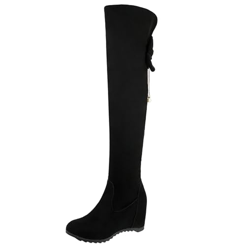 MJIASIAWA Damen Winter Elegant Keilabsatz Overknee Stiefel Bogen Warm Runde Zehen Hochzeit Ohne Verschluss Long Booty Schwarz-S Gr 34 EU von MJIASIAWA