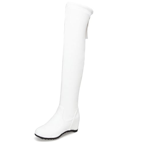 MJIASIAWA Damen Winter Elegant Keilabsatz Overknee Stiefel Bogen Warm Runde Zehen Hochzeit Ohne Verschluss Long Booty Weiß Gr 40 EU/41 Asiatisch von MJIASIAWA