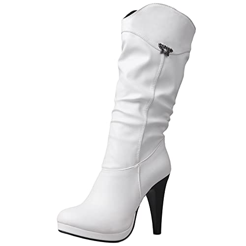 MJIASIAWA Damen Winter Klassischer Höhe Ferse Plateau Slouch Stiefel Ohne Verschluss Abend Kleid Warm Retro Boots Weiß Gr 45 EU/47 Asiatisch von MJIASIAWA