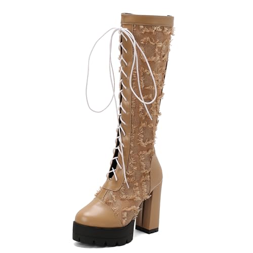 MJIASIAWA Damen Winter Mode Blockabsatz Kniehohe Stiefel Runde Zehen Schnüren Hochzeit Blumes Biker Riding Booty Plateau Aprikose Gr 36 EU von MJIASIAWA