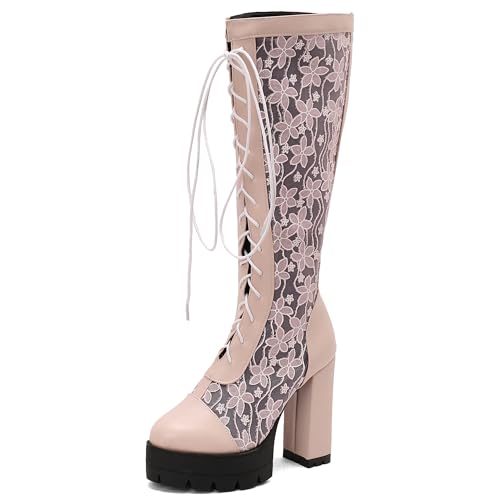 MJIASIAWA Damen Winter Mode Blockabsatz Kniehohe Stiefel Runde Zehen Schnüren Hochzeit Blumes Biker Riding Booty Plateau Pink Gr 44 EU/46 Asiatisch von MJIASIAWA