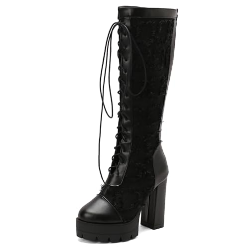 MJIASIAWA Damen Winter Mode Blockabsatz Kniehohe Stiefel Runde Zehen Schnüren Hochzeit Blumes Biker Riding Booty Plateau Schwarz Gr 35 EU von MJIASIAWA