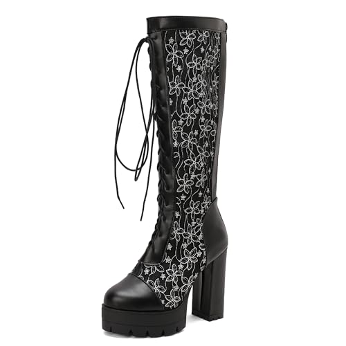 MJIASIAWA Damen Winter Mode Blockabsatz Kniehohe Stiefel Runde Zehen Schnüren Hochzeit Blumes Biker Riding Booty Plateau Schwarz Gr 39 EU/40 Asiatisch von MJIASIAWA