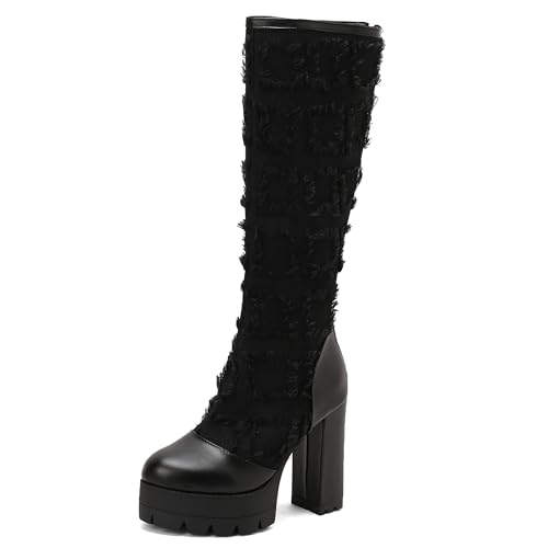 MJIASIAWA Damen Winter Mode Blockabsatz Kniehohe Stiefel Runde Zehen Schnüren Hochzeit Blumes Biker Riding Booty Plateau Schwarz Gr 42 EU/44 Asiatisch von MJIASIAWA