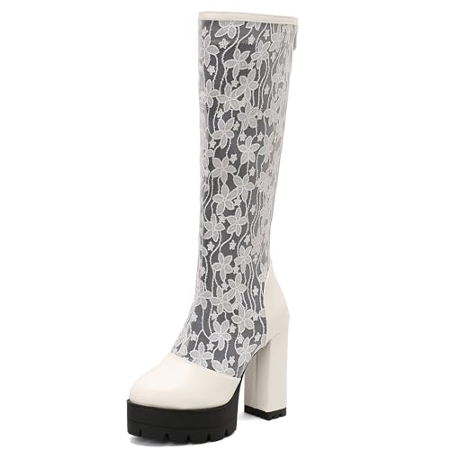 MJIASIAWA Damen Winter Mode Blockabsatz Kniehohe Stiefel Runde Zehen Schnüren Hochzeit Blumes Biker Riding Booty Plateau Weiß Gr 37 EU/38 Asiatisch von MJIASIAWA