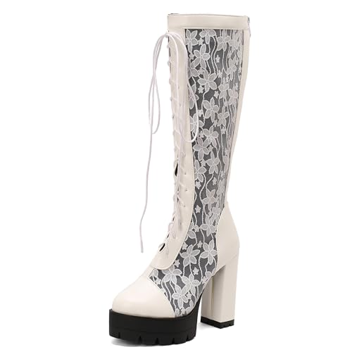 MJIASIAWA Damen Winter Mode Blockabsatz Kniehohe Stiefel Runde Zehen Schnüren Hochzeit Blumes Biker Riding Booty Plateau Weiß Gr 44 EU/46 Asiatisch von MJIASIAWA