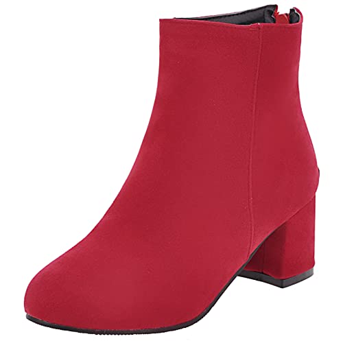 MJIASIAWA Damen Winter Mode Chelsea Stiefeletten Blockabsatz Solid Buro Kleid Runde Zehen Comfy Reißverschluss Abend Warm Stiefeletten Rot Gr 40 EU/41 Asiatisch von MJIASIAWA