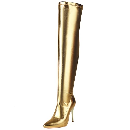 MJIASIAWA Damen Winter Mode Overknees Stretch Stiefel Stiletto Hochzeit Pointed Toe Thigh High Dancing Booty Gold Gr 40.5 EU/42 Asiatisch von MJIASIAWA