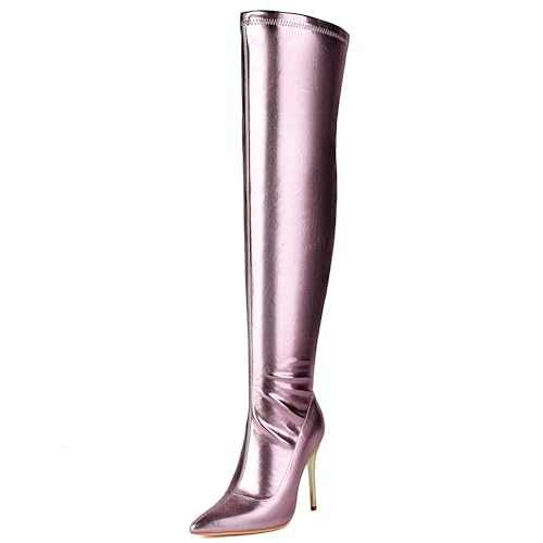 MJIASIAWA Damen Winter Mode Overknees Stretch Stiefel Stiletto Hochzeit Pointed Toe Thigh High Dancing Booty Violett Gr 36 EU von MJIASIAWA