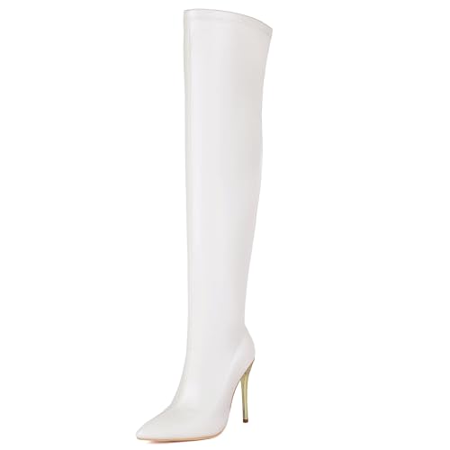 MJIASIAWA Damen Winter Mode Overknees Stretch Stiefel Stiletto Hochzeit Pointed Toe Thigh High Dancing Booty Weiß Gr 36.5 EU/37 Asiatisch von MJIASIAWA