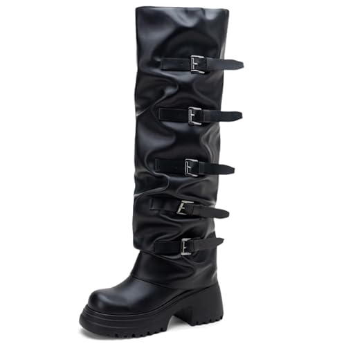 MJIASIAWA Damen Winter Mode Plateau Knee High Reitstiefel Schnalle Ohne Verschluss Mädchen Schuluniform Warm Runde Zehen Gothic Blockabsatz Schwarz Gr 35 EU von MJIASIAWA