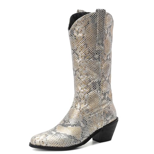 MJIASIAWA Damen Winter Mode Pointed Toe Westernstiefel Komfort Draußen Warm Halbschaft Blockabsatz Riding Booty Gold/Rl Gr 40.5 EU/42 Asiatisch von MJIASIAWA