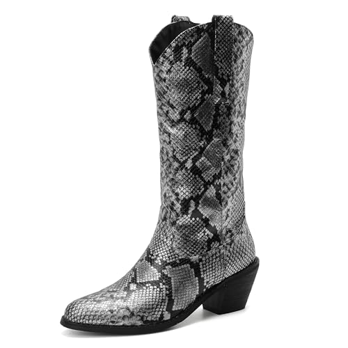 MJIASIAWA Damen Winter Mode Pointed Toe Westernstiefel Komfort Draußen Warm Halbschaft Blockabsatz Riding Booty Schwarz-Silber/Rl Gr 33 EU von MJIASIAWA