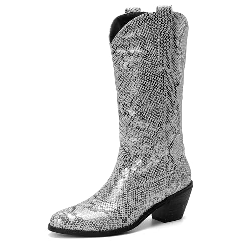 MJIASIAWA Damen Winter Mode Pointed Toe Westernstiefel Komfort Draußen Warm Halbschaft Blockabsatz Riding Booty Silber/Rl Gr 40.5 EU/42 Asiatisch von MJIASIAWA