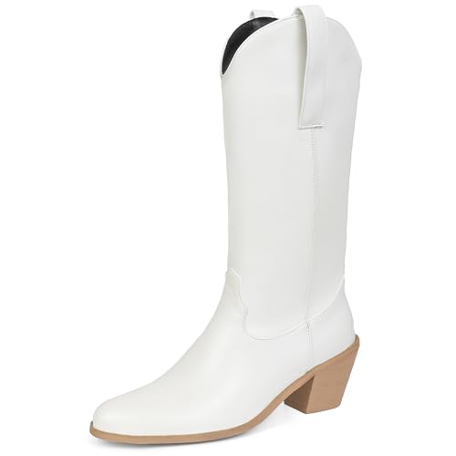 MJIASIAWA Damen Winter Mode Pointed Toe Westernstiefel Komfort Draußen Warm Halbschaft Blockabsatz Riding Booty Weiß/Rl Gr 33 EU von MJIASIAWA