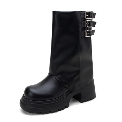 MJIASIAWA Damen Winter Mode Runde Zehen Plateau Hohe Stiefel Ohne Verschluss Schuluniform Blockabsatz Gothic Riding Stiefeletten Schnalle Schwarz Gr 36 EU von MJIASIAWA