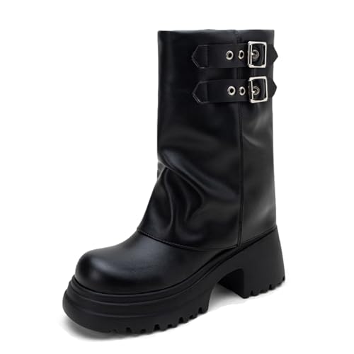 MJIASIAWA Damen Winter Mode Runde Zehen Plateau Hohe Stiefel Ohne Verschluss Schuluniform Blockabsatz Gothic Riding Stiefeletten Schnalle Schwarz Gr 36 EU von MJIASIAWA