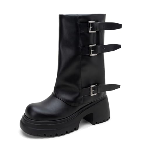 MJIASIAWA Damen Winter Mode Runde Zehen Plateau Hohe Stiefel Ohne Verschluss Schuluniform Blockabsatz Gothic Riding Stiefeletten Schnalle Schwarz Gr 36.5 EU/37 Asiatisch von MJIASIAWA