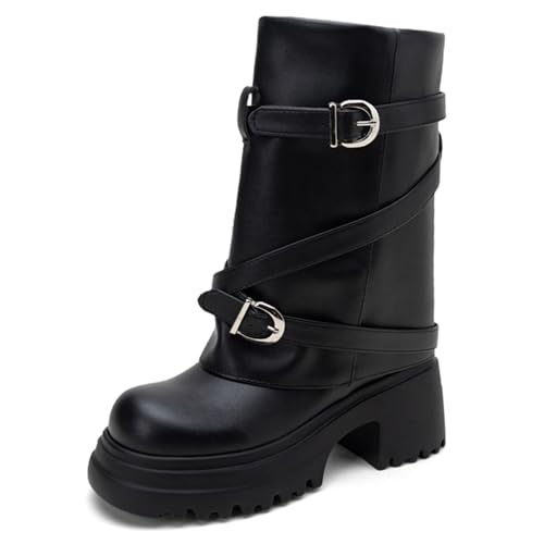 MJIASIAWA Damen Winter Mode Runde Zehen Plateau Hohe Stiefel Ohne Verschluss Schuluniform Blockabsatz Gothic Riding Stiefeletten Schnalle Schwarz Gr 40 EU/41 Asiatisch von MJIASIAWA