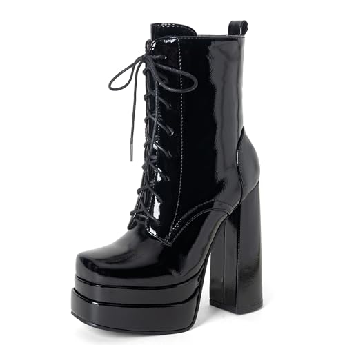 MJIASIAWA Damen Winter Mode Square Toe Gothic Schnürstiefel Schnalle Military Hohen Blockabsatz Plateau Zip Ankle Stiefeletten Schwarz Gr 36 EU von MJIASIAWA