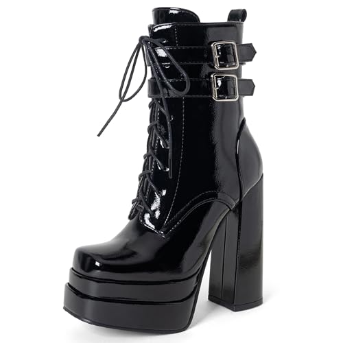 MJIASIAWA Damen Winter Mode Square Toe Gothic Schnürstiefel Schnalle Military Hohen Blockabsatz Plateau Zip Ankle Stiefeletten Schwarz Gr 37 EU/38 Asiatisch von MJIASIAWA