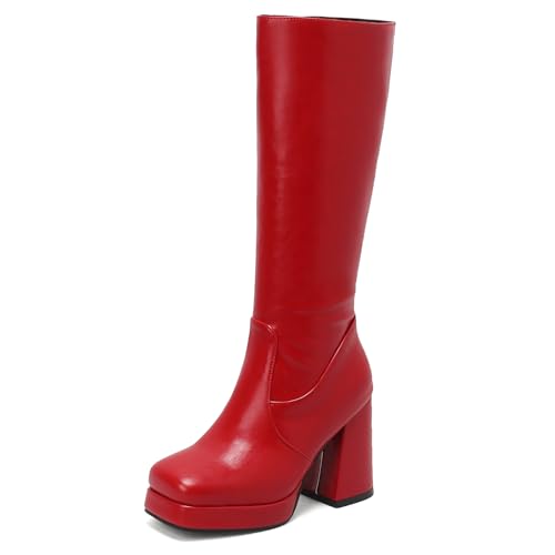 MJIASIAWA Damen Winter Mode Square Toe Kniestiefel Warm Chunky Heel Reißverschluss Equestrian Reitstiefel Weit Fit Party Kleid Rot Gr 33 Eu von MJIASIAWA