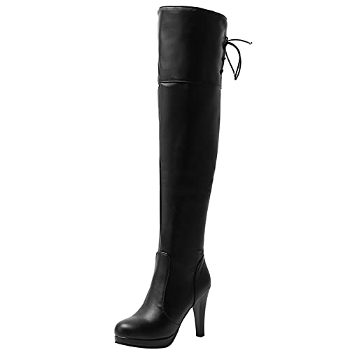 MJIASIAWA Damen Winter Mode Thigh Warm Plateau Höhe Ferse Boots Schnalle Equestrian Reißverschluss Runde Zehen Reitstiefel Schwarz Gr 45 EU/47 Asiatisch von MJIASIAWA