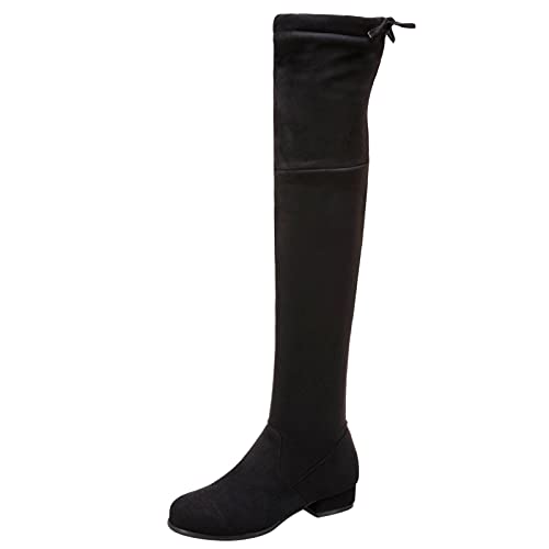 MJIASIAWA Damen Winter Overknees Mode Niedrige Absatz Stretch Stiefel Ohne Verschluss Runde Zehen Comfy Warm Oberschenkelhohe Stiefel Schwarz Gr 37 EU/38 Asiatisch von MJIASIAWA