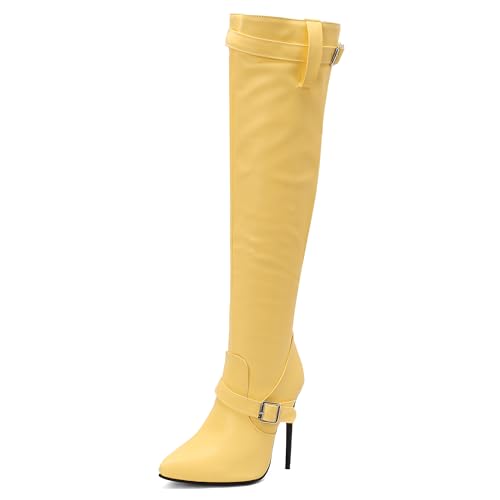 MJIASIAWA Damen Winter Party Stilettos Overknee Stiefel Pointed Toe Mode Höhe Ferse Hochzeit Elegant Thigh Booty Gelb Gr 34 EU von MJIASIAWA