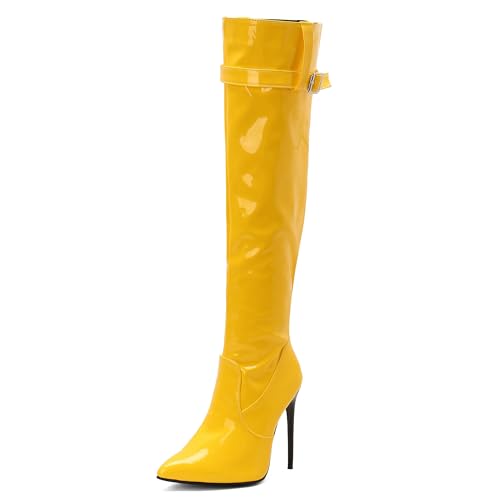 MJIASIAWA Damen Winter Party Stilettos Overknee Stiefel Pointed Toe Mode Höhe Ferse Hochzeit Elegant Thigh Booty Gelb Gr 34 EU von MJIASIAWA