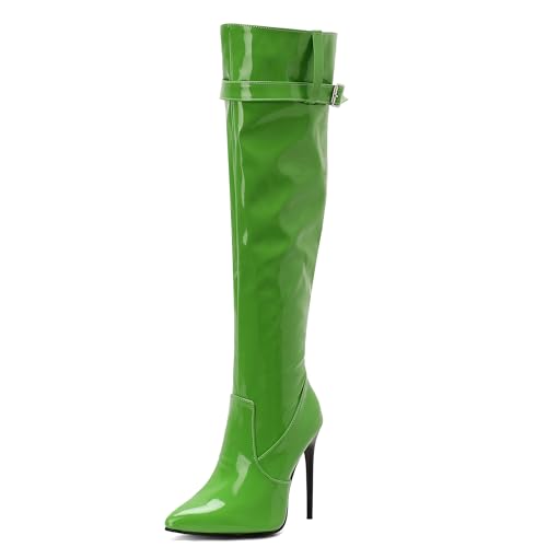 MJIASIAWA Damen Winter Party Stilettos Overknee Stiefel Pointed Toe Mode Höhe Ferse Hochzeit Elegant Thigh Booty Grün Gr 36 EU von MJIASIAWA