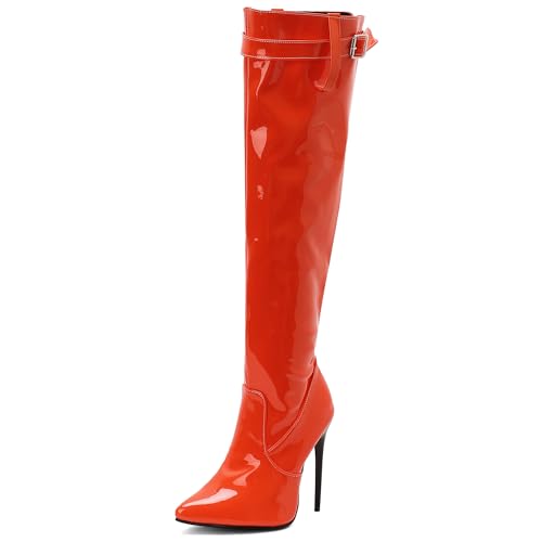 MJIASIAWA Damen Winter Party Stilettos Overknee Stiefel Pointed Toe Mode Höhe Ferse Hochzeit Elegant Thigh Booty Orange Gr 36.5 EU/37 Asiatisch von MJIASIAWA