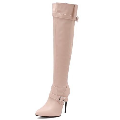 MJIASIAWA Damen Winter Party Stilettos Overknee Stiefel Pointed Toe Mode Höhe Ferse Hochzeit Elegant Thigh Booty Pink Gr 37 EU/38 Asiatisch von MJIASIAWA