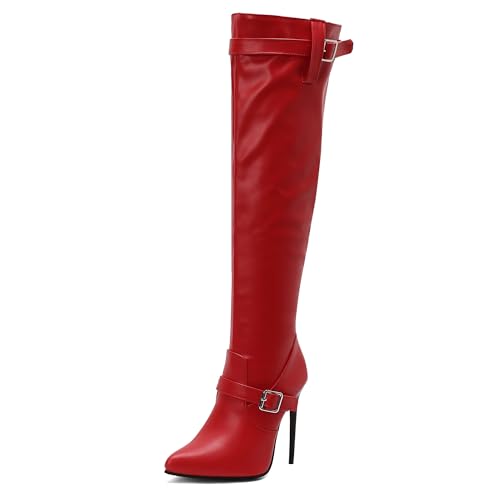 MJIASIAWA Damen Winter Party Stilettos Overknee Stiefel Pointed Toe Mode Höhe Ferse Hochzeit Elegant Thigh Booty Rot Gr 40.5 EU/42 Asiatisch von MJIASIAWA