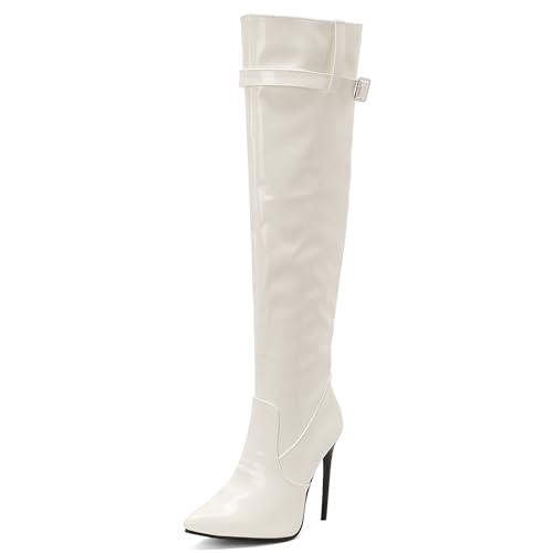 MJIASIAWA Damen Winter Party Stilettos Overknee Stiefel Pointed Toe Mode Höhe Ferse Hochzeit Elegant Thigh Booty Weiß Gr 36.5 EU/37 Asiatisch von MJIASIAWA