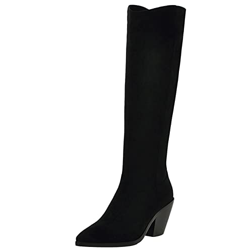 MJIASIAWA Damen Winter Pointed Toe Cowboy Knee Westernstiefel Mode Blockabsatz Warm Kleid Reitstiefel Abend Schwarz-Ms Gr 44 EU/46 Asiatisch von MJIASIAWA