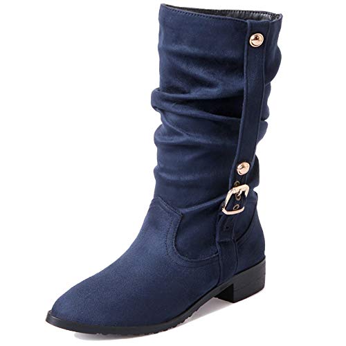 MJIASIAWA Damen Winter Pointed Toe Leisure Halbschaft Slouch Stiefel Ohne Verschluss Equestrian Niedrige Absatz Warm Schneestiefel Blau/Hm Gr 40.5 EU/42 Asiatisch von MJIASIAWA