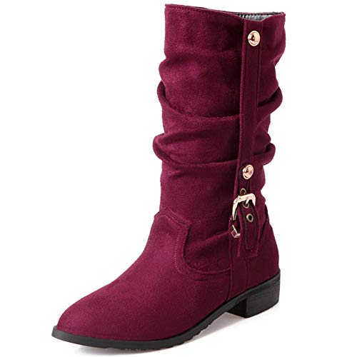 MJIASIAWA Damen Winter Pointed Toe Leisure Halbschaft Slouch Stiefel Ohne Verschluss Equestrian Niedrige Absatz Warm Schneestiefel Rotwein/Dl Gr 36 EU von MJIASIAWA