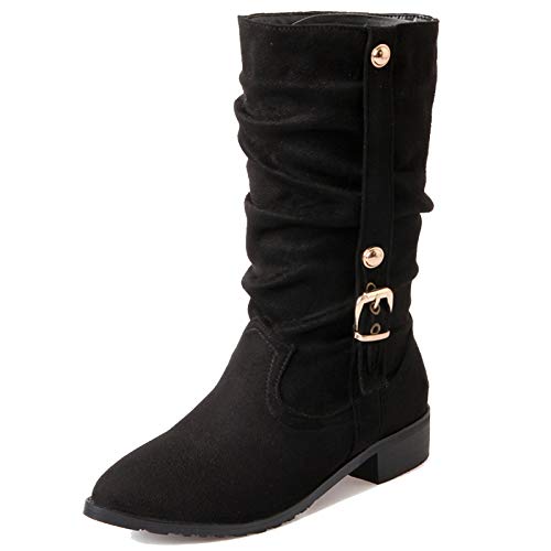 MJIASIAWA Damen Winter Pointed Toe Leisure Halbschaft Slouch Stiefel Ohne Verschluss Equestrian Niedrige Absatz Warm Schneestiefel Schwarz/Dl Gr 46 EU/48 Asiatisch von MJIASIAWA