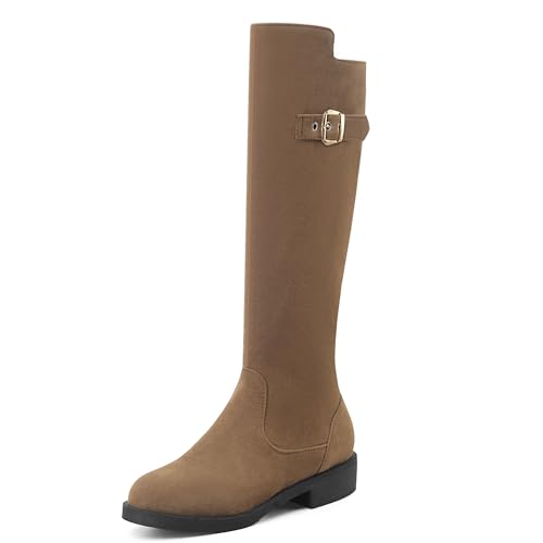 MJIASIAWA Damen Winter Runde Zehen Knee High Komfort Reitstiefel Vintage Equestrian Warm Niedrige Absatz Mode Booty Gelb Gr 39 EU/40 Asiatisch von MJIASIAWA